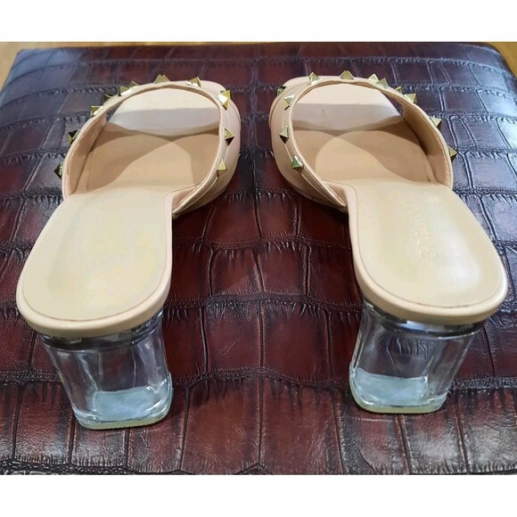 BAMBOO LUCENT-06 Nude Sparkle Chunky Clear Block Heel Slip On Mule Sandals Sz 8 - Picture 5 of 6